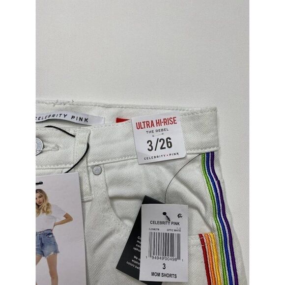 Celebrity Pink Jean Shorts 3 White Juniors' Rainbow Stripe Stretch‎ Raw-Hem NEW - Picture 3 of 13